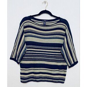Chaps Denim Womens Medium Beige Blue Striped Sweater 3/4 Sleeves Aztec Southwest